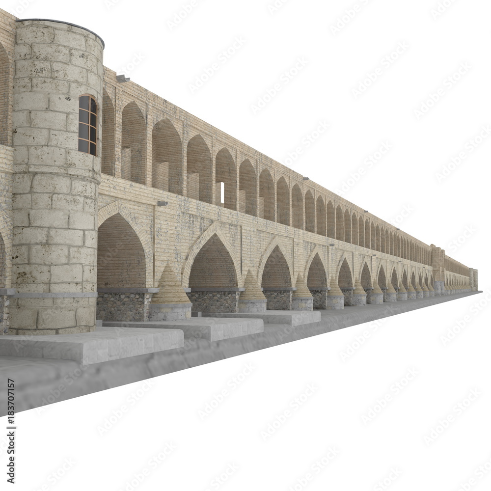 Si-o-seh Pol Bridge of 33 Arches on a white. 3D illustration