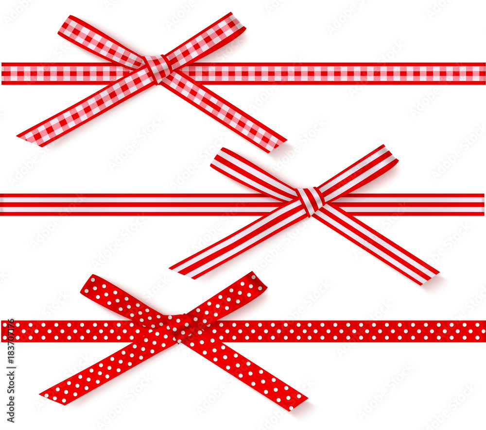 Set of decorative red bows with horizontal ribbon for gift decor. Holiday decorations. Vector bow and ribbon isolated on white Set of decorative red bows with horizontal ribbon for gift decor. Holiday decorations. Vector bow and ribbon isolated on white