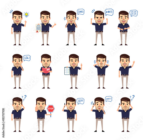 Set of stylish businessman characters showing different actions. Cheerful man talking on phone, angry, reading book and showing other actions. Flat style vector illustration