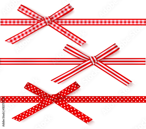 Set of decorative red bows with horizontal ribbon for gift decor. Holiday decorations. Vector bow and ribbon isolated on white