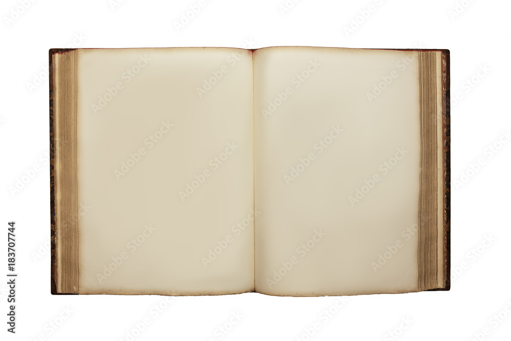 Open old book with blank pages on white background, mock up.