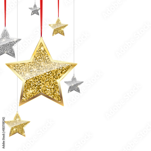 Glitter background with silver and gold hanging stars. Merry Christmas and Happy New Year white background. Template for vip banners or card  exclusive certificate  luxury voucher  3D illustration