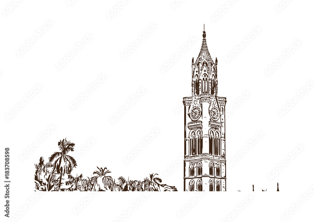 Hand drawn sketch of Rajabai Clock Tower, Mumbai, India in vector illustration.