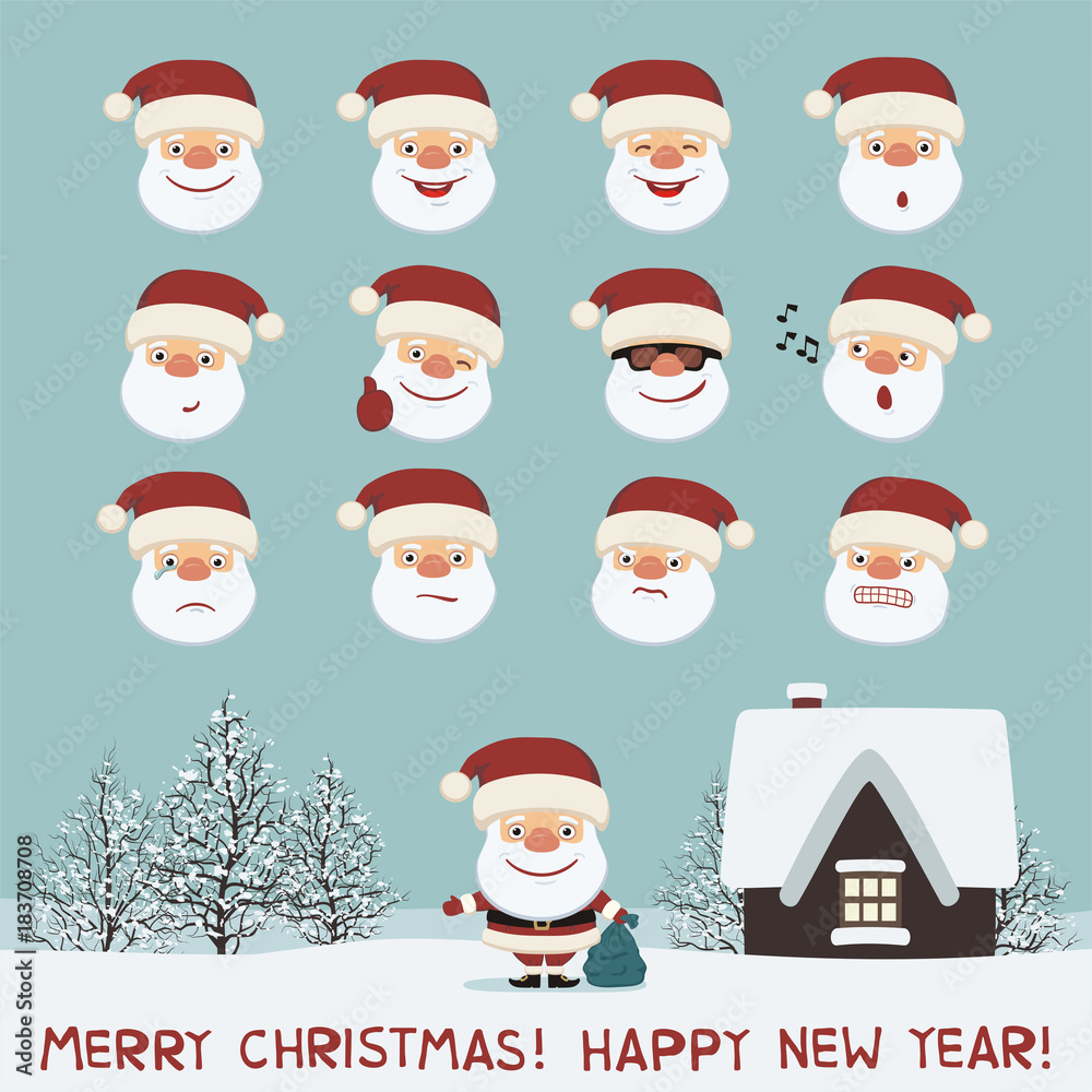 Merry christmas and happy new year! Set of isolated faces of Santa Claus in different emotion. Collection of Santa Claus in cartoon style for christmas decoration. Merry christmas and happy new year! Set of isolated faces of Santa Claus in different emotion. Collection of Santa Claus in cartoon style for christmas decoration.