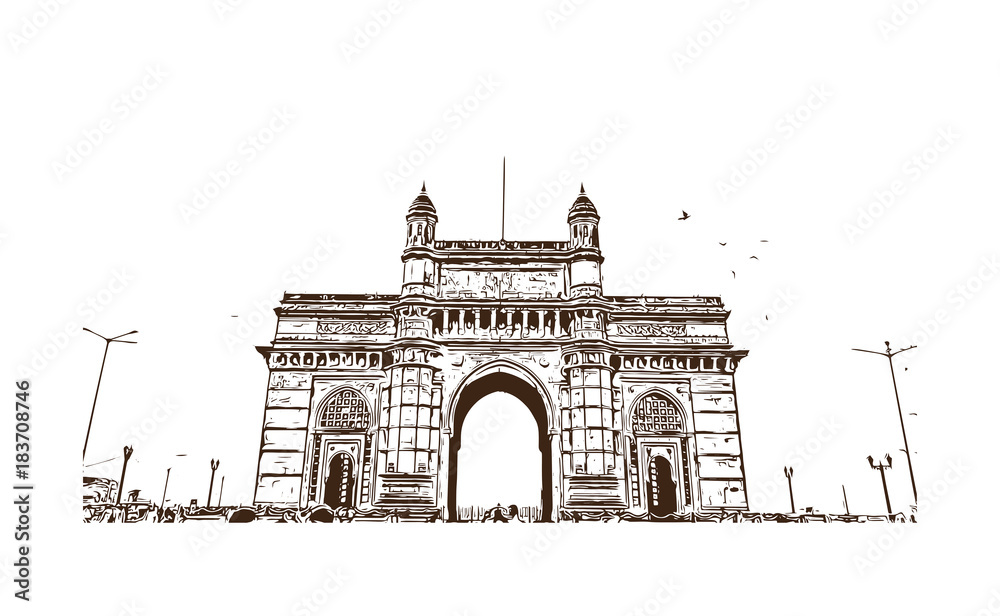 Hand drawn sketch of Gateway of india Mumbai, India in vector