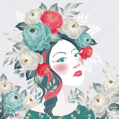Fototapeta Naklejka Na Ścianę i Meble -  Vector illustration of a girl with floral bouquet on her head in spring for Wedding, anniversary, birthday and party. Design for banner, poster, card, invitation and scrapbook	
