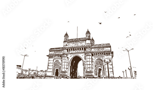 Obraz na płótnie Hand drawn sketch of Gateway of india Mumbai, India in vector illustration. w salonie
