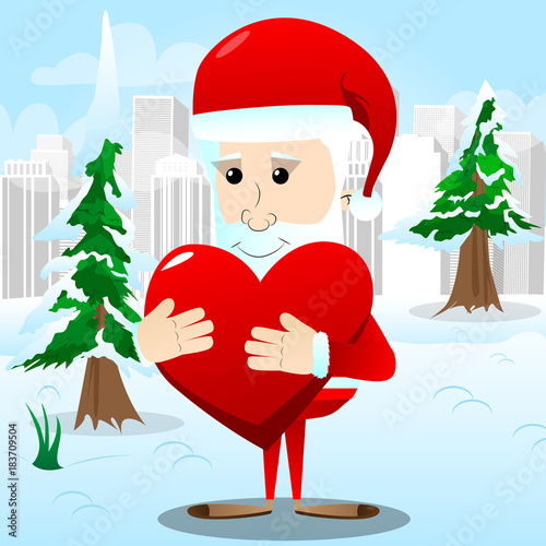 Santa Claus holding big red heart. Vector cartoon character illustration.