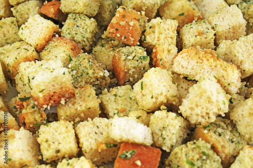 Crouton dried bread food pattern as background. Croutons. Food photo.