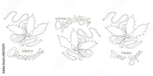 Typography hand drawn holly banner set, leafs, berry, lettering Happy New Year, Winter hpliday, Merry Chrictmas on white stock vector illustration