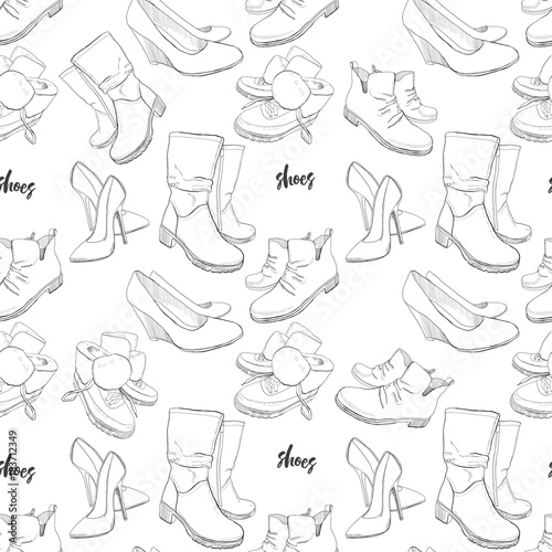 illustration of Hand drawn sketch seamless pattern of Shoes . Sneakers, boots, high shoe, snow boots. for casual female. Coloring book. Wrapping paper.