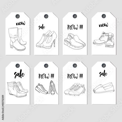 illustration of Tags set with hand drawn shoes,. Graphic footwear for action on shop. Doodle and drawing design.