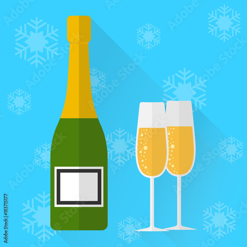 A bottle of champagne and two wine glasses on a blue background