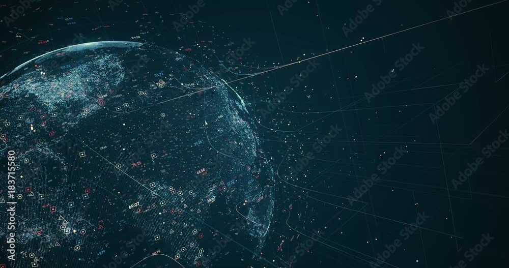 Digital data globe - abstract 3D rendering of a scientific technology data network surrounding planet earth conveying connectivity, complexity and data flood of modern digital age