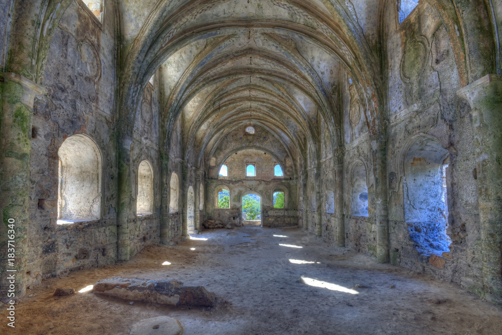 Abandoned church in the ghost town of Kayakoy, Turkey