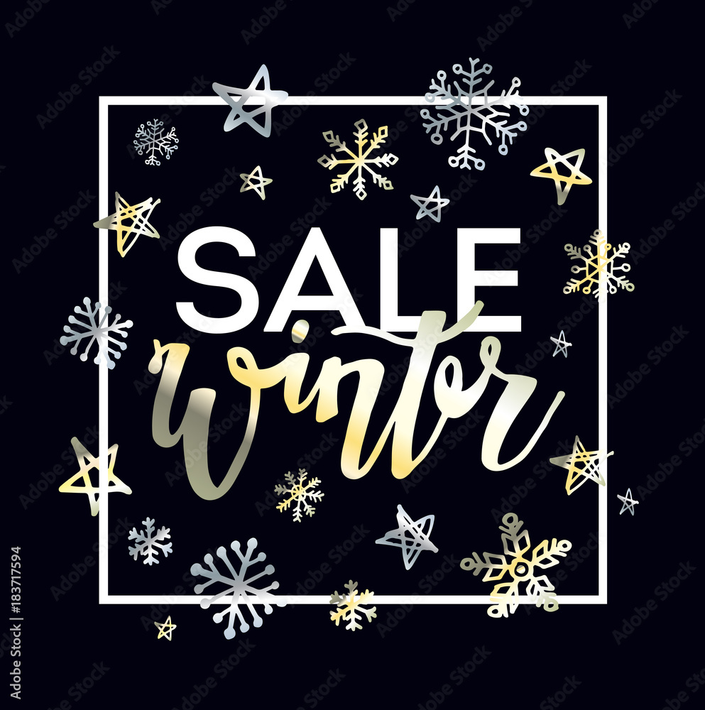Winter sale doodle banner with snowflakes. Hand drawn lettering