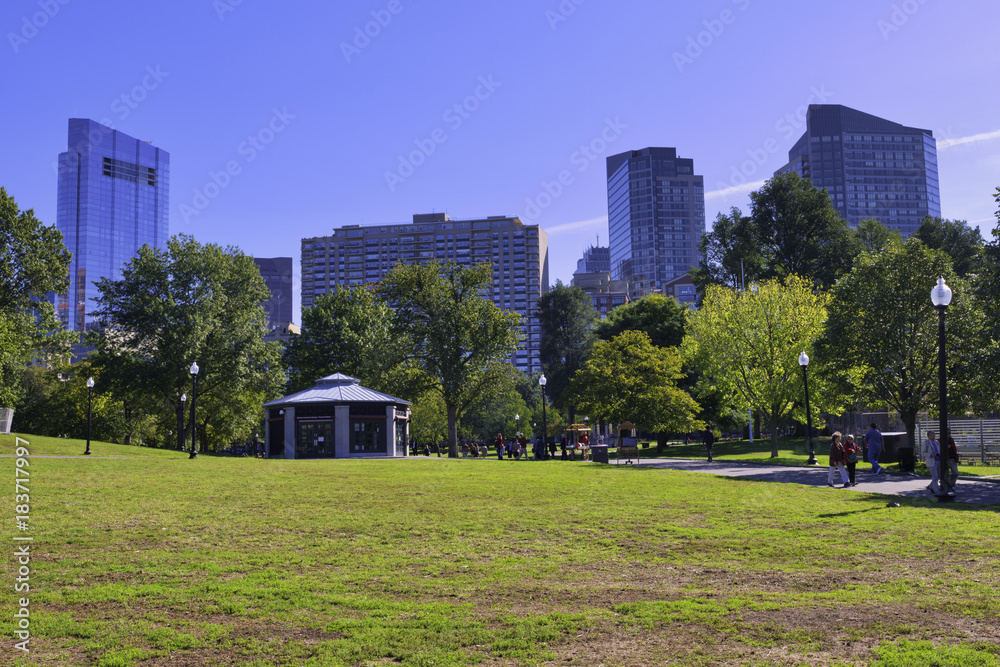 Boston USA Public Garden, Common Frog Pond and city skyline. Boston USA Public Garden, Common Frog Pond and city skyline.