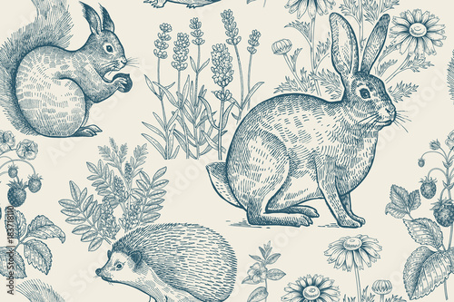 Canvas Print Seamless pattern with animals and flowers.