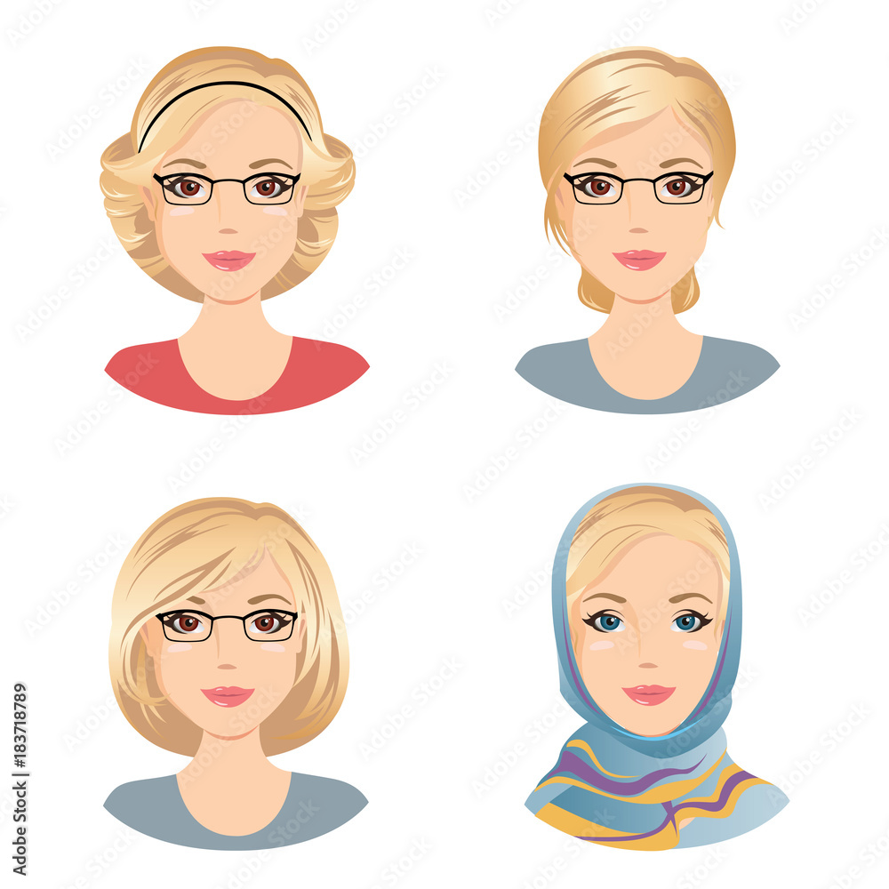 Different female hairstyles. For the woman with blonde hair, middle aged woman / flat design, vector cartoon illustration Different female hairstyles. For the woman with blonde hair, middle aged woman / flat design, vector cartoon illustration