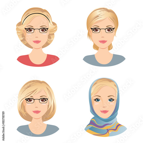 Different female hairstyles. For the woman with blonde hair, middle aged woman / flat design, vector cartoon illustration