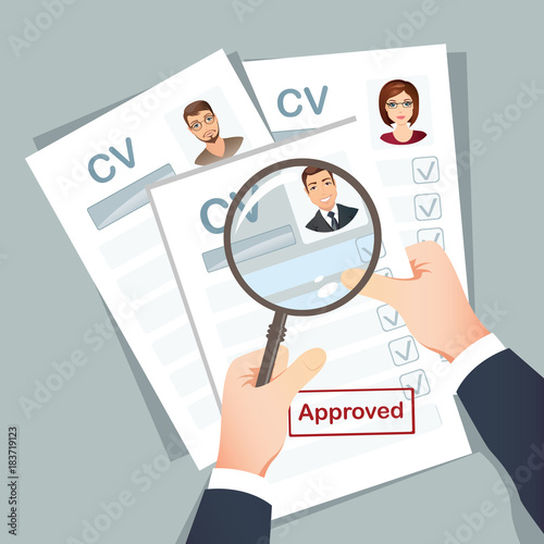 HR manager examines resume candidates for vacancies after job interview. / Staff recruitment. Flat design, vector cartoon illustration