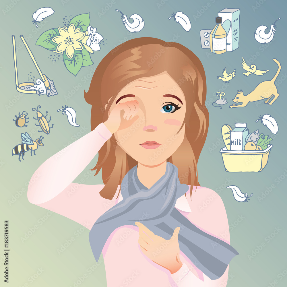 Young woman has an allergy, itching eyes, red eyes. Allergic to dust