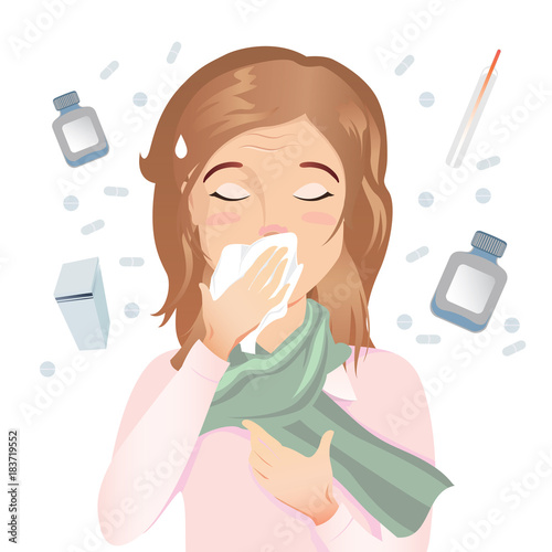 Young woman has an allergy, runny nose and cough. She is sick. Pills, capsules, medicines on a white background. / Flat design, vector cartoon illustration