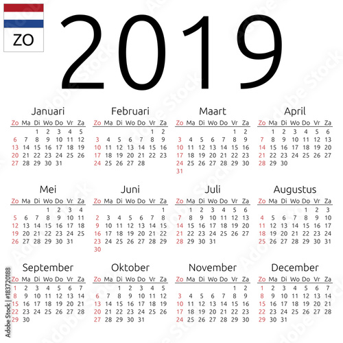 Calendar 2019, Dutch, Sunday