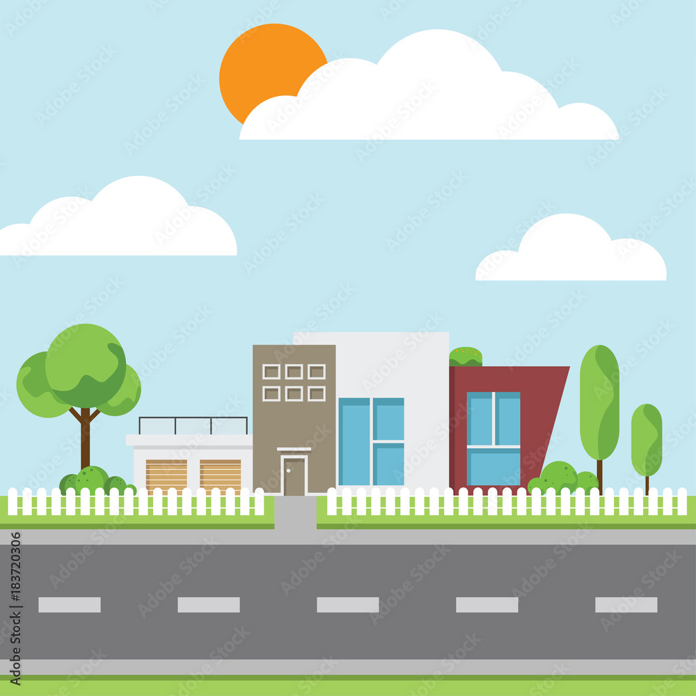 A modern houses with tree and clouds and along the roads, Modern building and architecture along the roads, Flat home vector illustration.