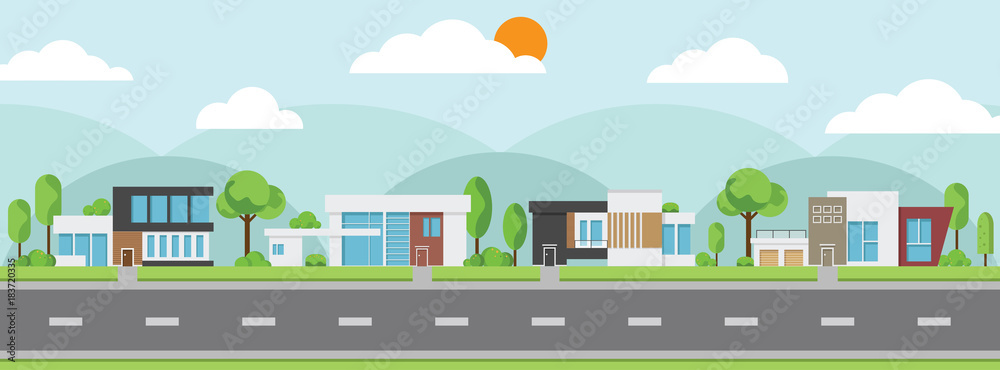 Landscape of modern houses with tree and clouds and along the roads, Modern building and architecture along the roads, Flat home vector illustration.