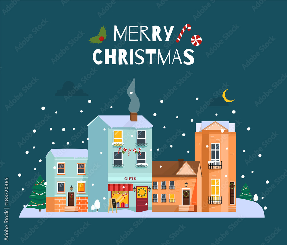 Merry Christmas. Cute houses. Flat style vector illustration.