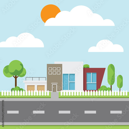 Fototapeta Naklejka Na Ścianę i Meble -  A modern houses with tree and clouds and along the roads, Modern building and architecture along the roads, Flat home vector illustration.