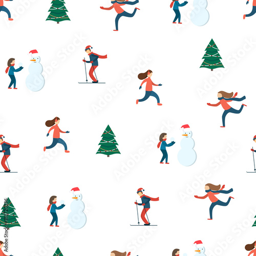 Happy people. Winter scene. Seamless pattern