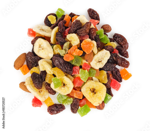 Pile of dried fruits isolated top view