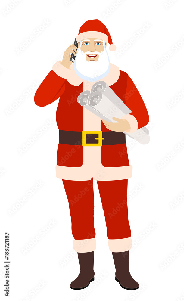 Santa Claus talking on the mobile phone and holding the project plans