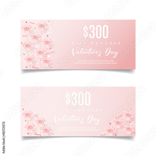 Gift Vocher for Happy Valentine's Day. Design of Coupon Usable for Invitation and Ticket. Greeting Card with Seasonal Offer. Background with Realistic Transparent Pink Air Balloons with Confetti photo