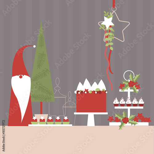 Christmas dessert table with elf and Christmas tree. Vector illustration.