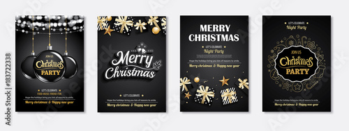 Merry christmas greeting card and party invitations on black background. Vector illustration element for happy new year flyer brochure design.
