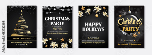Merry christmas greeting card and party invitations on black background. Vector illustration element for happy new year flyer brochure design.