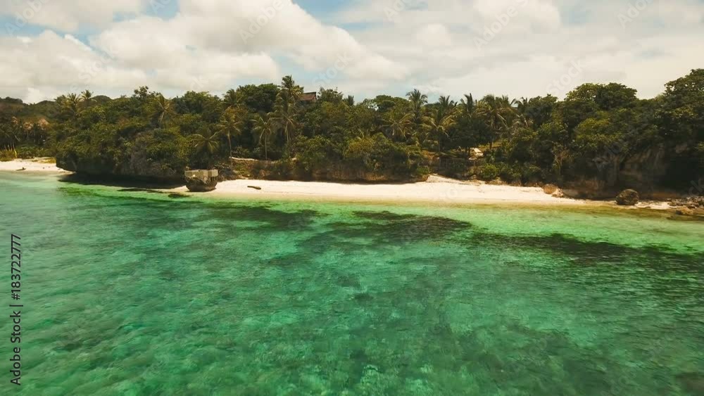 Aerial view of tropical beach on the island Bohol, Anda area, Philippines. Beautiful tropical island with sand beach, palm trees. Tropical landscape: beach with palm trees. Seascape: Ocean, sky, sea Aerial view of tropical beach on the island Bohol, Anda area, Philippines. Beautiful tropical island with sand beach, palm trees. Tropical landscape: beach with palm trees. Seascape: Ocean, sky, sea
