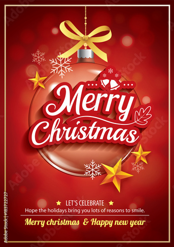 Merry christmas party and glass ball for flyer brochure design on red background invitation theme concept. Happy holiday greeting banner and card template.