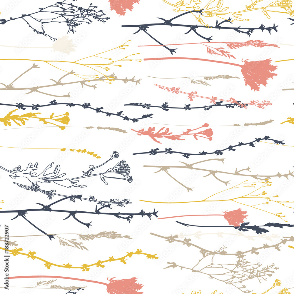 Meadow grasses, herbs and flowers outlines vector seamless pattern. Meadow grasses, herbs and flowers outlines vector seamless pattern.