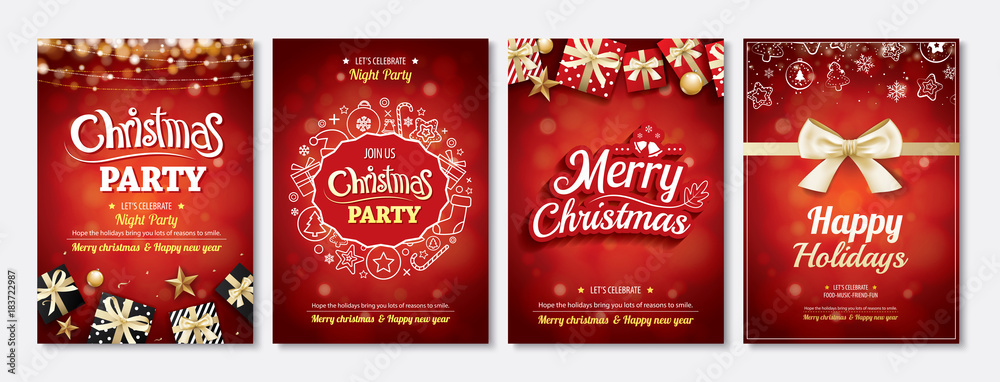 Merry christmas party glass ball and gift box for flyer brochure design on red background invitation theme concept. Happy holiday greeting banner and card template. - obrazy, fototapety, plakaty 