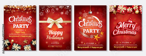 Merry christmas party glass ball and gift box for flyer brochure design on red background invitation theme concept. Happy holiday greeting banner and card template.