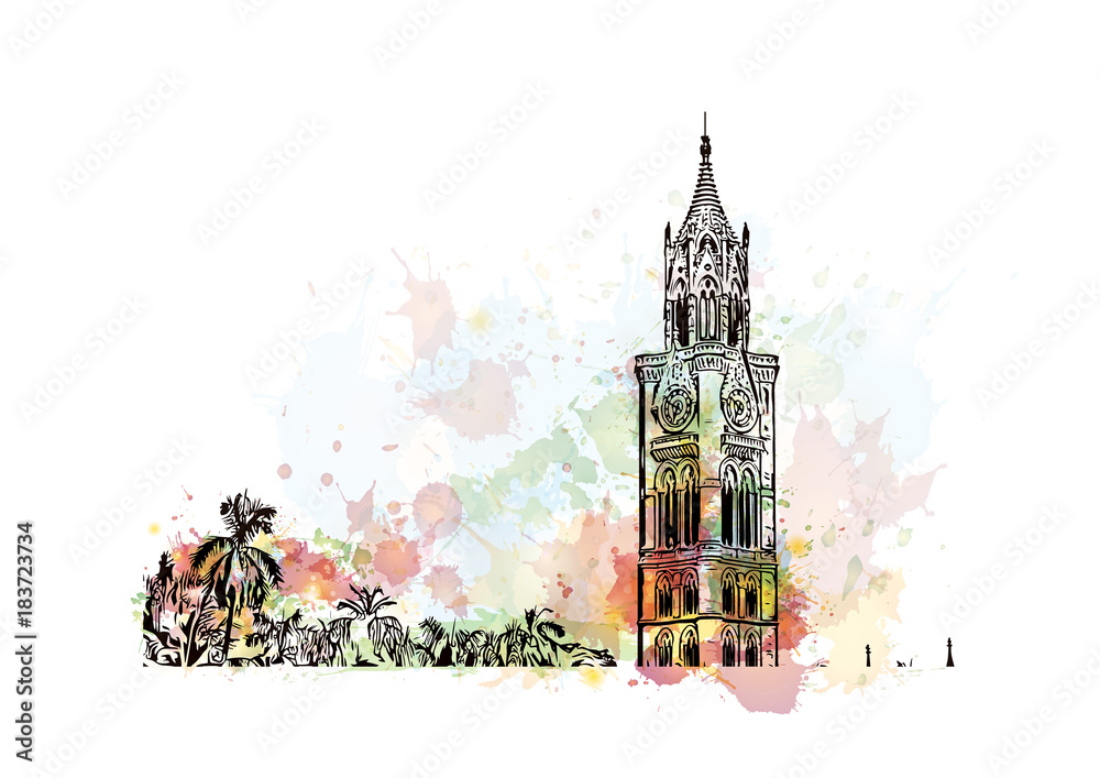 Watercolor splash with hand drawn sketch of Rajabai Clock Tower, Mumbai, India in vector illustration.