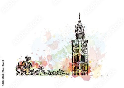 Obraz na płótnie Watercolor splash with hand drawn sketch of Rajabai Clock Tower, Mumbai, India in vector illustration. w salonie