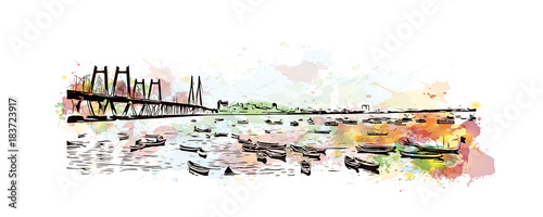 Watercolor splash with hand drawn sketch of The Bandra-Worli Sea Link, also called Rajiv Gandhi Sea Link at dusk in vector illustration.