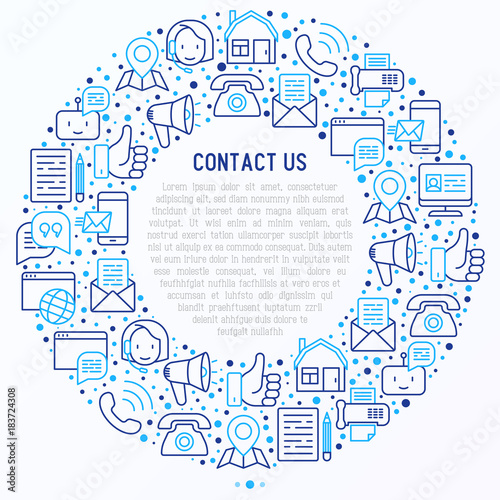Wallpaper Mural Contact us concept in circle with thin line icons of telephone, fax, operator call center, e-mail, chat bot, pointer, feedback. Modern vector illustration for banner, web page, print media. Torontodigital.ca