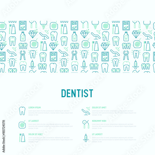 Dentist concept with thin line icons of tooth, implant, dental floss, crown, toothpaste, medical equipment. Modern vector illustration for banner, web page, print media.