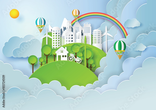Save the world with environment conservation concept.Paper art style of nature landscape and green eco city of renewable energy.Vector illustration.